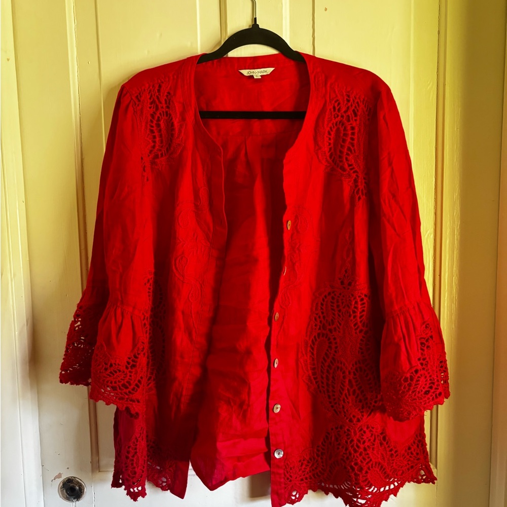 100% linen tomato red blouse/jacket with beautiful detail large